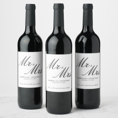 Elegant Mr and Mrs Black White Wedding Wine Label