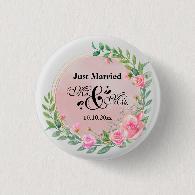 Elegant Mr and Mrs Blush Pink Flowers Wedding Button (Front)