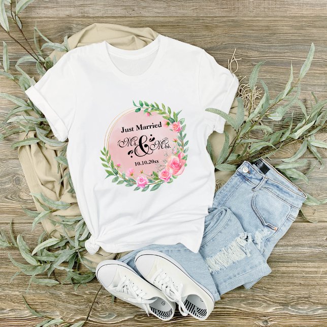 Elegant Mr and Mrs Blush Pink Flowers Wedding T-Shirt (Creator Uploaded)