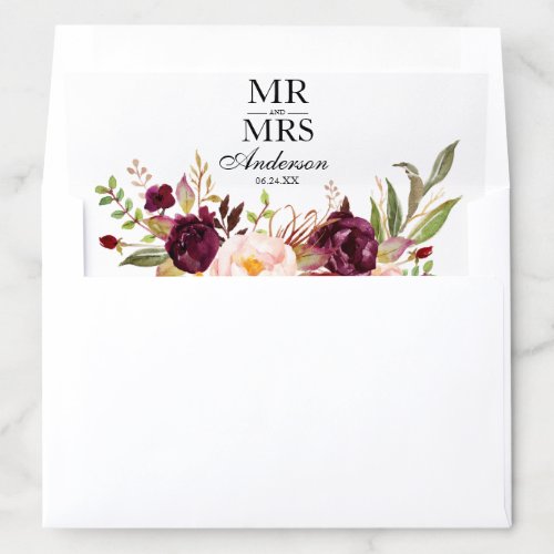 Elegant Mr and Mrs Burgundy Floral Wedding Envelope Liner