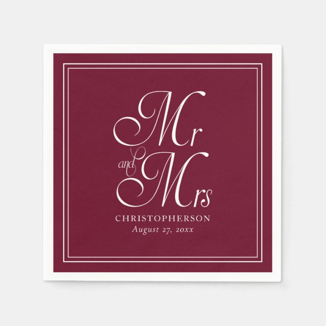 Elegant Mr and Mrs Burgundy Marsala Wedding Napkins (Front)