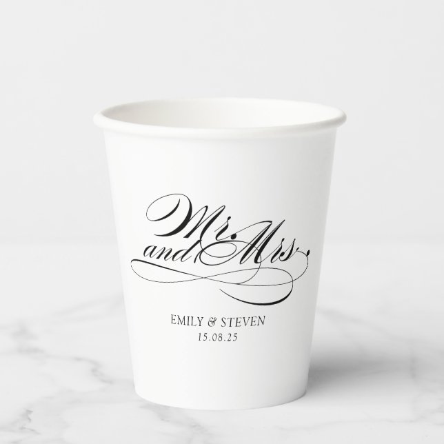 Elegant Mr and mrs calligraphy wedding Paper Cups (Front)