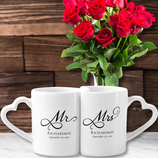 Elegant Mr and Mrs Coffee Mug Set (elegant script Mr and Mrs lovers mugs for newlywed couples, personalized wedding anniversary gifts)