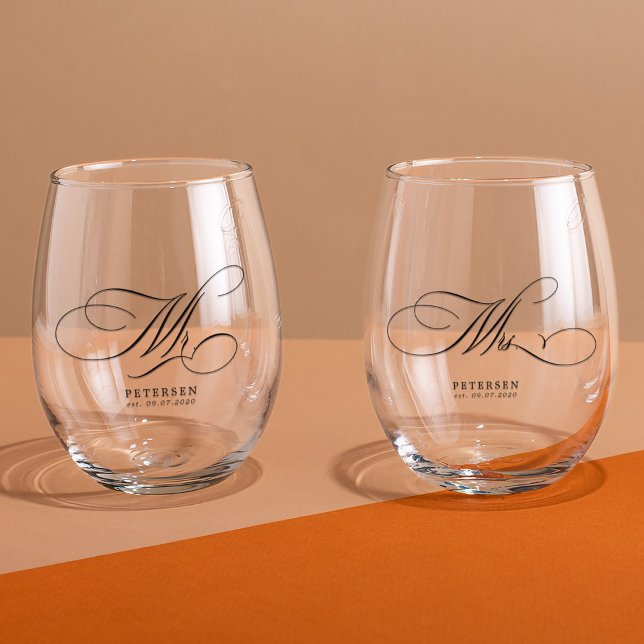 Elegant Mr and Mrs custom name wedding date Stemless Wine Glass (Creator Uploaded)