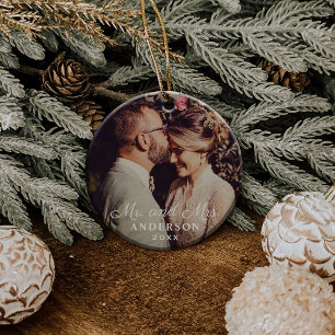 Elegant Mr and Mrs Custom Wedding Photo Monogram Ornament