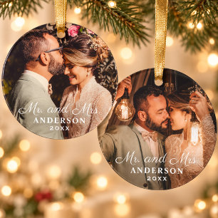 Elegant Mr and Mrs Custom Wedding Photo Monogram Ornament