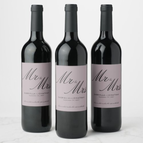 Elegant Mr and Mrs Dusty Mauve Wedding Wine Label
