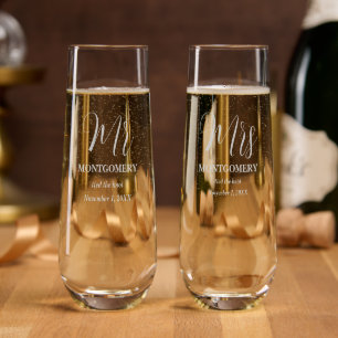 Elegant Mr and Mrs Etched Wedding Stemless Champagne Flute