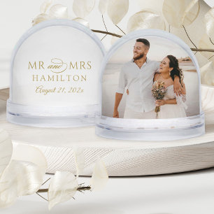 Elegant Mr and Mrs Gold Wedding Monogram Photo Snow Globe