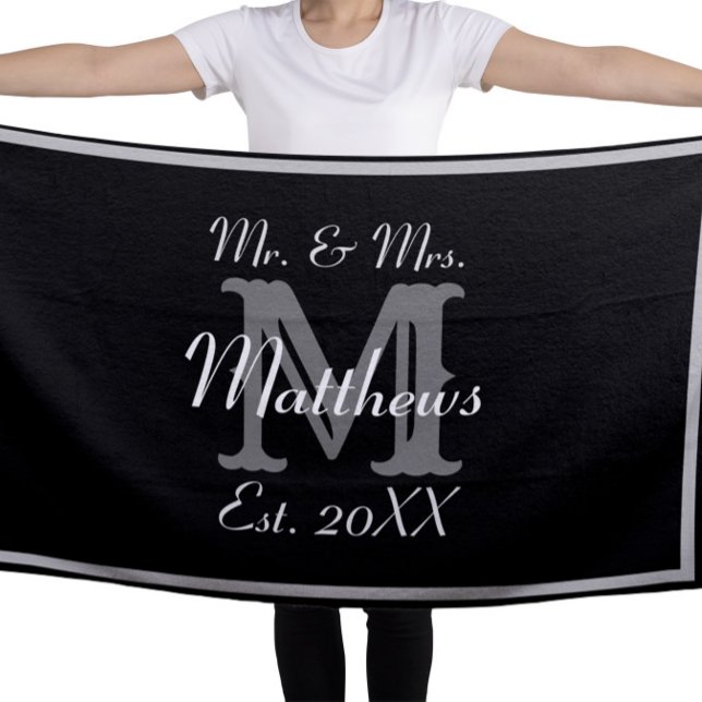 Elegant Mr and Mrs Monogram Black Beach Towel (Creator Uploaded)