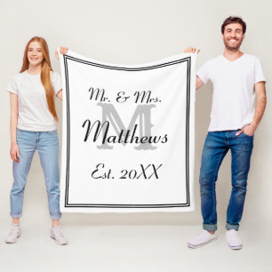 Elegant Mr and Mrs Monogram White Fleece Blanket