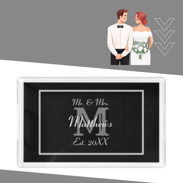 Elegant Mr and Mrs Name Black Acrylic Tray (Creator Uploaded)