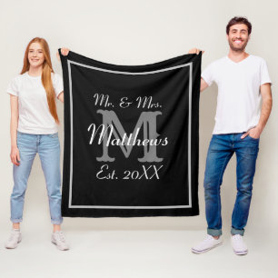 Elegant Mr and Mrs Name Black and White Wedding Fleece Blanket