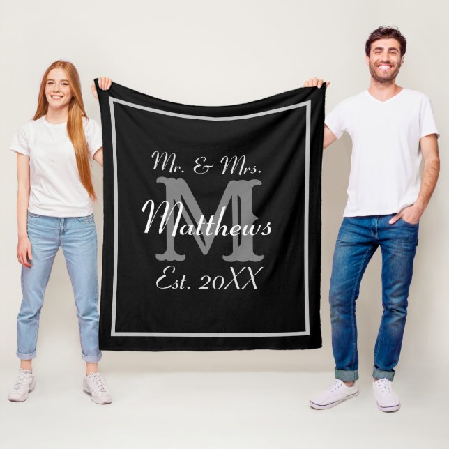 Elegant Mr and Mrs Name Black and White Wedding Fleece Blanket (In Situ)