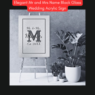 Elegant Mr and Mrs Name Black Glass Acrylic Sign