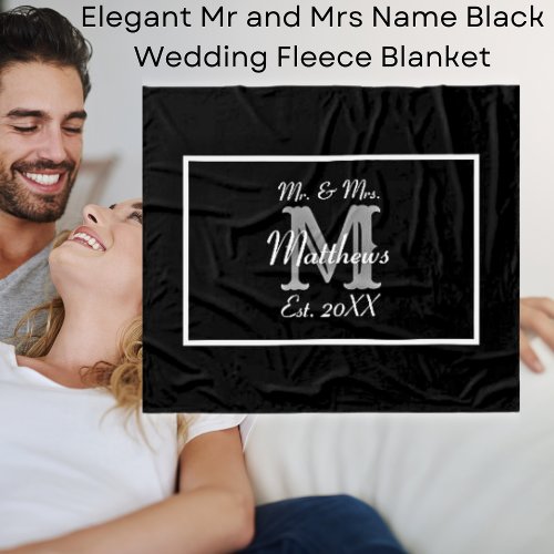 Elegant Mr and Mrs Name Black Wedding Fleece Blanket