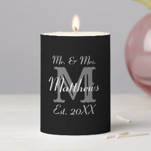 Elegant Mr and Mrs Name Black Wedding Pillar Candle