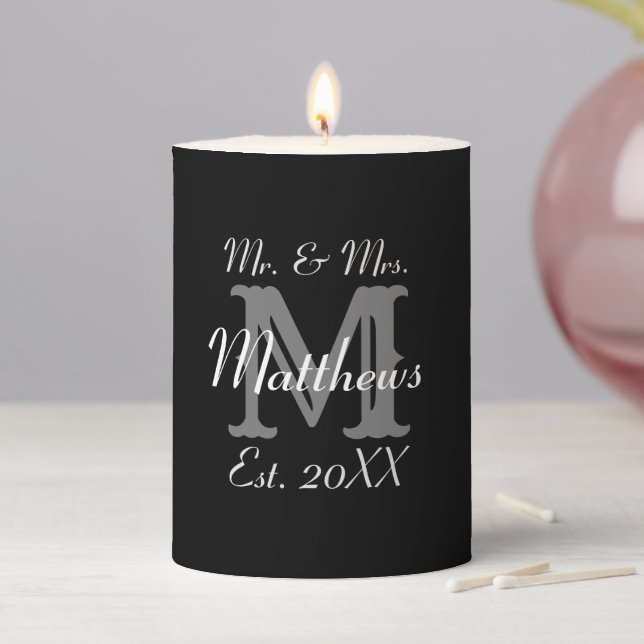 Elegant Mr and Mrs Name Black Wedding Pillar Candle (In Situ)