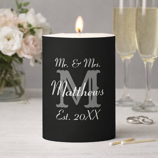 Elegant Mr and Mrs Name Black Wedding Pillar Candle (Creator Uploaded)
