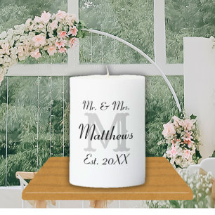 Elegant Mr and Mrs Name White Wedding Pillar Candle