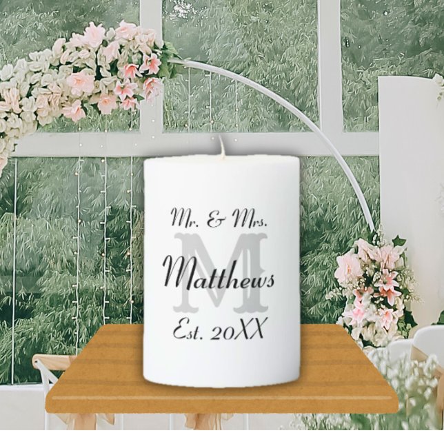 Elegant Mr and Mrs Name White Wedding Pillar Candle (Mr. & Mrs. Wedding Candle)