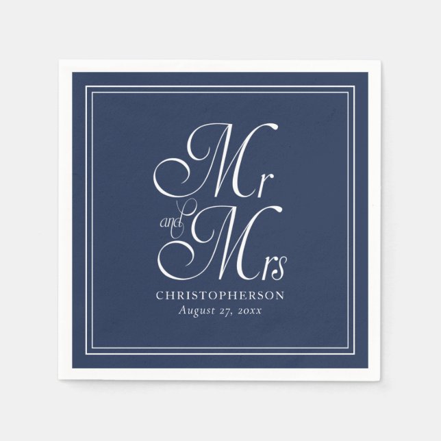 Elegant Mr and Mrs Navy Blue Wedding Napkins (Front)