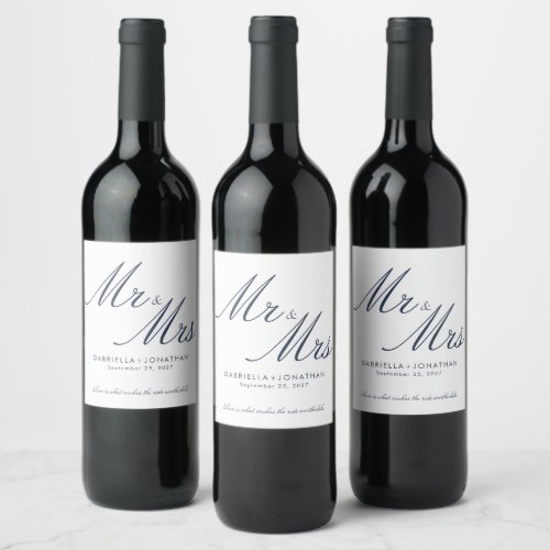 Elegant Mr and Mrs Navy Blue White Wedding Wine Label