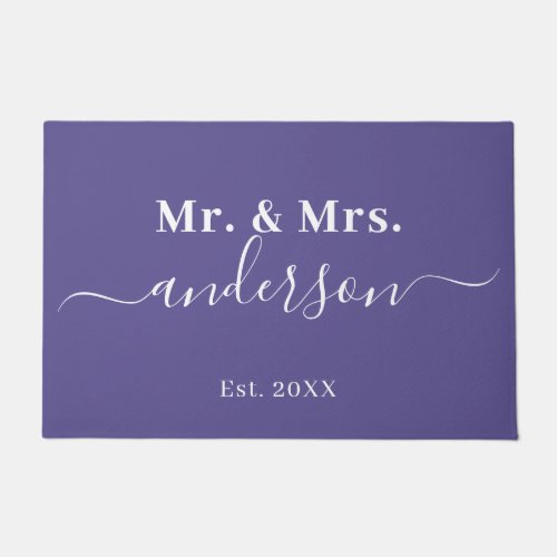 Elegant Mr And Mrs Purple Name Script Wedding Doormat