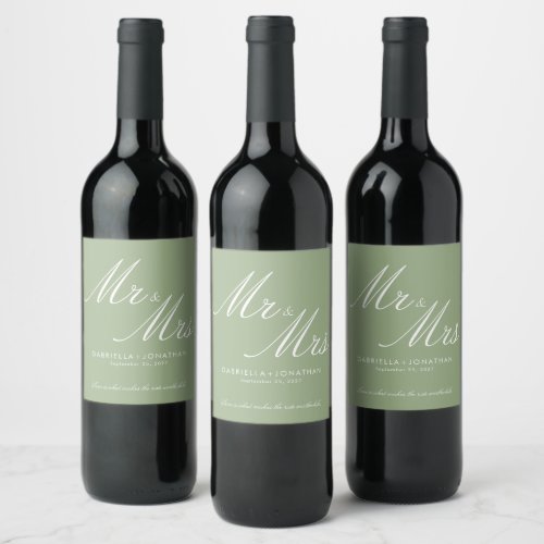 Elegant Mr and Mrs Sage Green White Wedding Wine Label