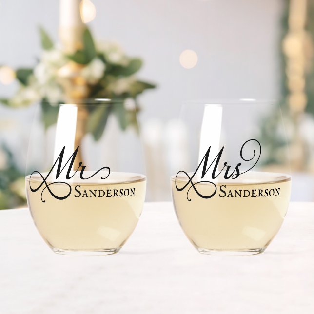 Elegant Mr and Mrs  Stemless Wine Glass (Insitu (Wedding))