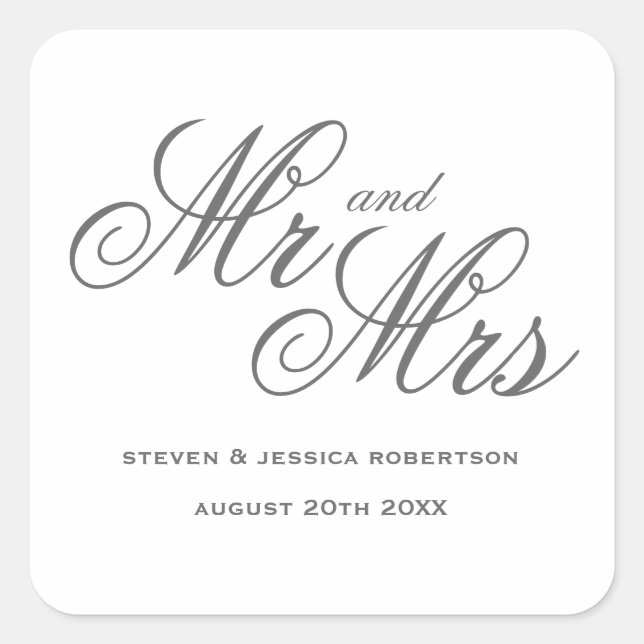  Elegant Mr and Mrs typography wedding Square Sticker (Front)