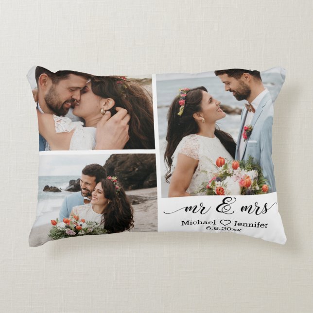 elegant mr and mrs wedding 3 photos collage  accent pillow (Front)