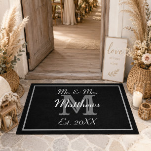 Elegant Mr and Mrs Wedding Black Doormat