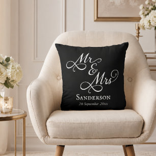 Elegant Mr and Mrs Wedding Black Throw Pillow