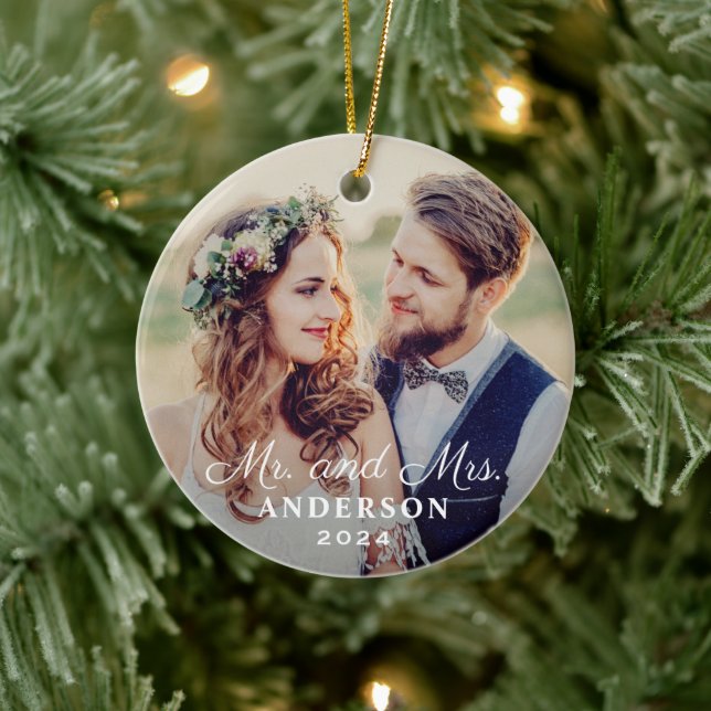 Elegant Mr and Mrs Wedding Custom Photo Monogram Ceramic Ornament (Tree)