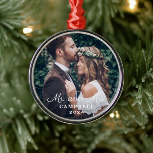 Elegant Mr and Mrs Wedding Custom Photo Monogram Metal Ornament