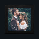 Elegant Mr and Mrs Wedding Photo Monogram Gift Box<br><div class="desc">A beautiful keepsake gift box featuring a custom wedding photo with "Mr and Mrs" in elegant white calligraphy script, a personalized last name, and wedding date. This timeless monogram design makes a meaningful wedding gift, anniversary keepsake, or jewelry box for the newlyweds. Upload your favorite wedding photo and customize the...</div>