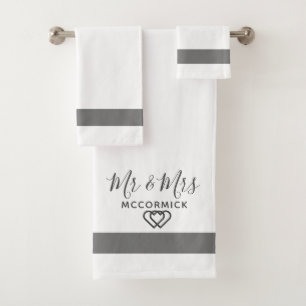 Elegant Mr And Mrs White Grey Monogram Last Name  Bath Towel Set