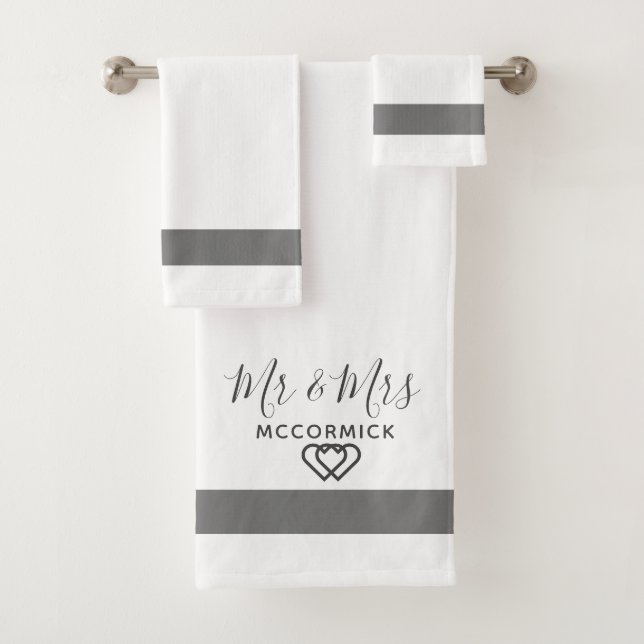 Elegant Mr And Mrs White Grey Monogram Last Name  Bath Towel Set (Insitu)