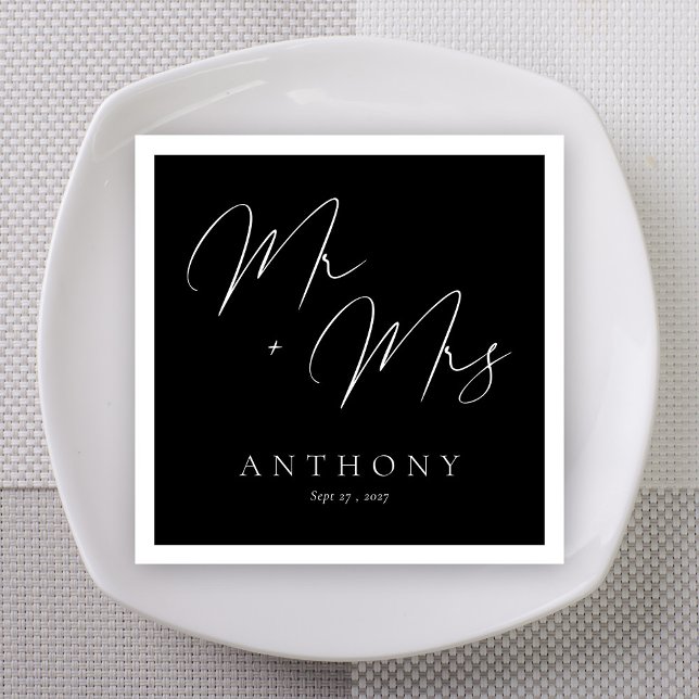 Elegant Mr & Mrs Black and White Script Wedding Napkins (Elegant Mr & Mrs Black and White Script Wedding Napkins)