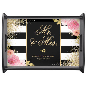 Elegant Mr. & Mrs. Black Gold Pink Floral Wedding Serving Tray