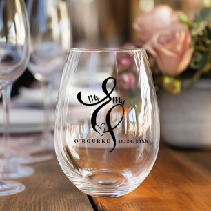 Elegant Mr. & Mrs. Calligraphy Ampersand Wedding Stemless Wine Glass