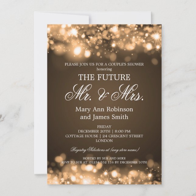 Elegant Mr Mrs Couples Shower Gold Sparkle Lights Invitation (Front)