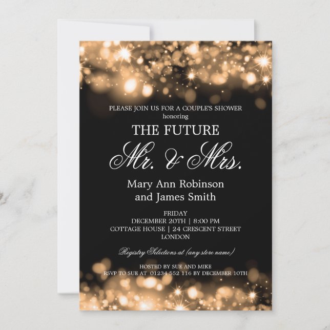 Elegant Mr Mrs Couples Shower Gold Sparkle Lights Invitation (Front)