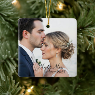 Elegant Mr. & Mrs. Custom Wedding Photo Monogram Ceramic Ornament