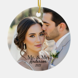 Elegant Mr & Mrs Custom Wedding Photo Monogram Ceramic Ornament