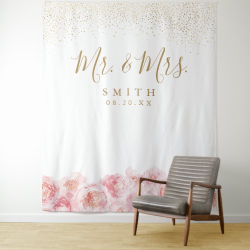 Elegant Mr  Mrs gold  blush floral wedding Tapestry