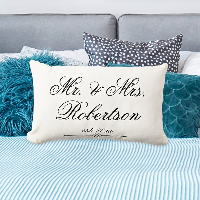 Elegant Mr Mrs Name est. classy script Wedding  Lumbar Pillow (Elegant Mr Mrs Name est. yr. Wedding Accent Pillow)