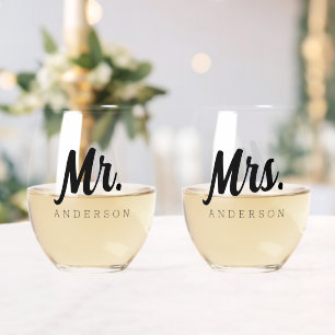 Elegant Mr & Mrs + Name Wedding Newlyweds Stemless Wine Glass