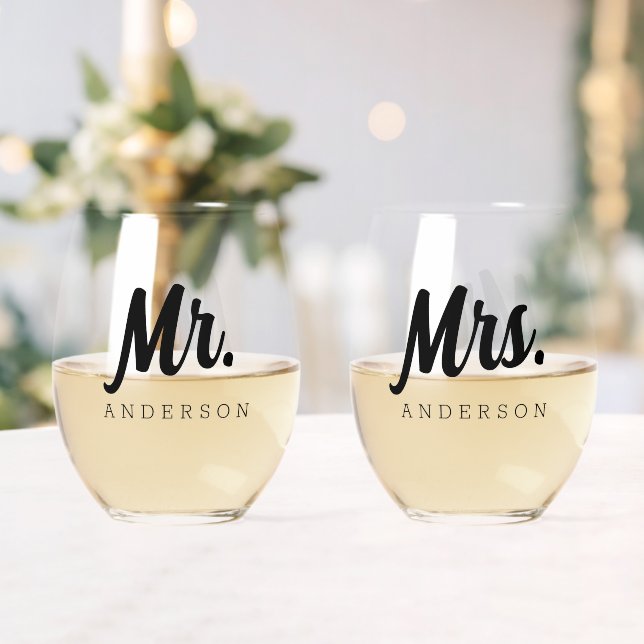 Elegant Mr & Mrs + Name Wedding Newlyweds Stemless Wine Glass (Insitu (Wedding))